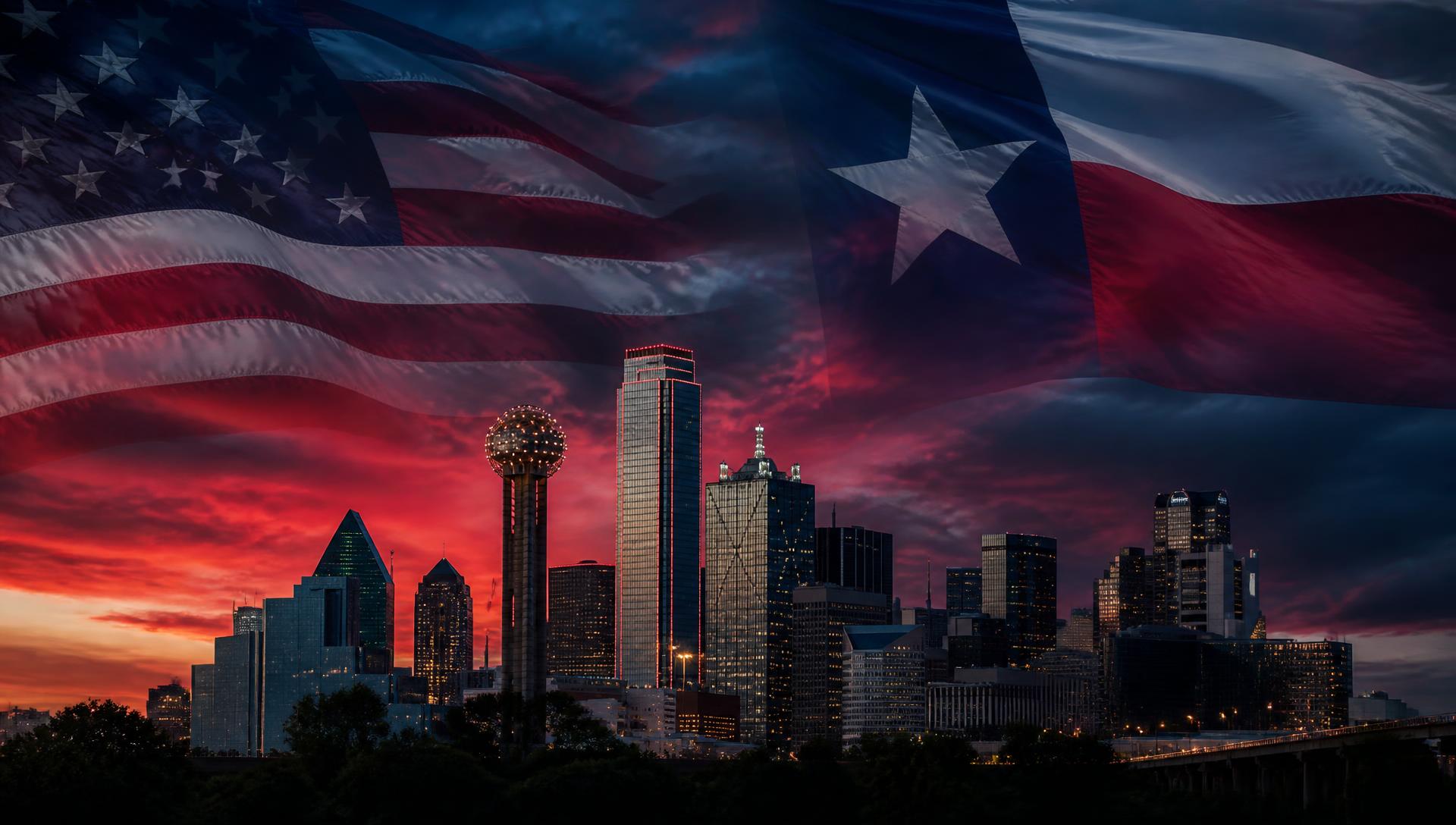 Dallas skyline at dusk behind the American and Texas flags